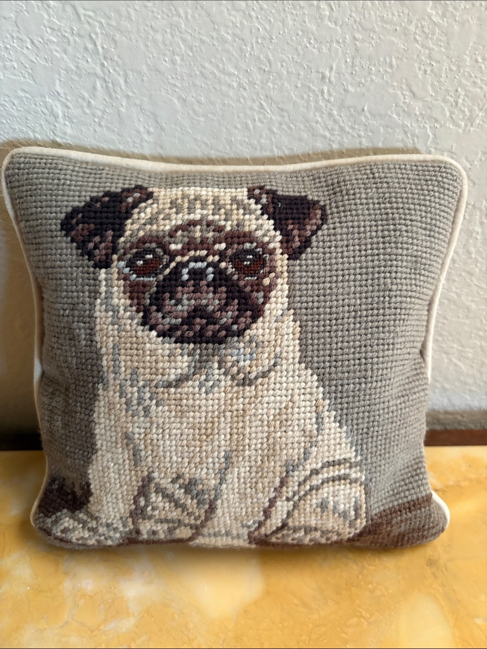 Hand-Needlepoint Pug Pillow in Beige and Brown